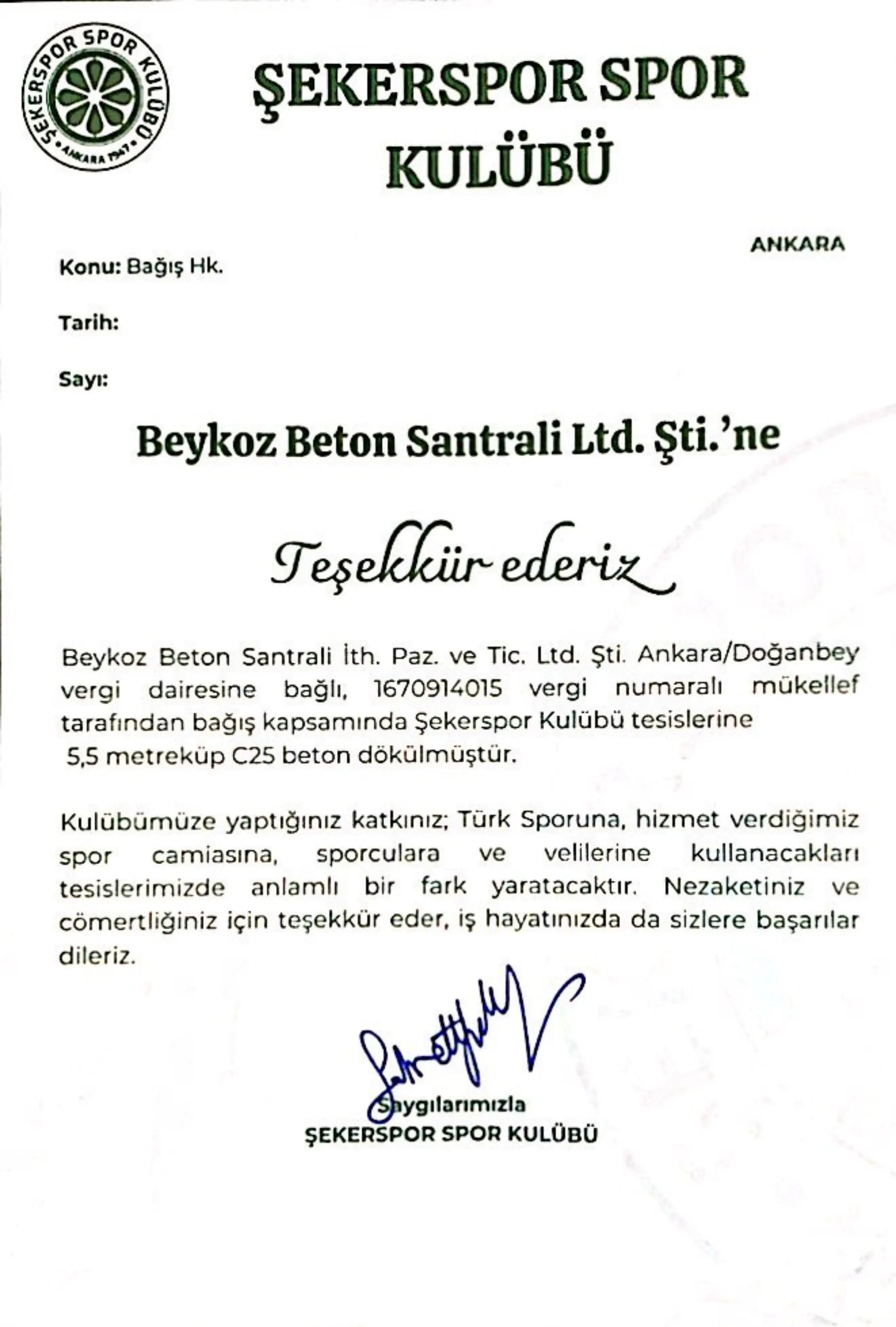 Şekerspor’dan Beykoz’a Teşekkür